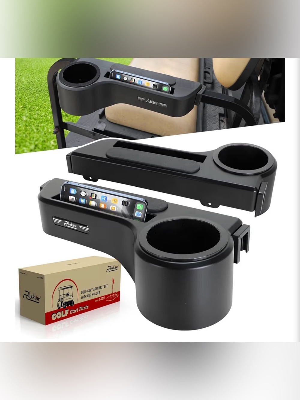 Golf Cart Armrest with Cup Holder and Phone Slot - Black